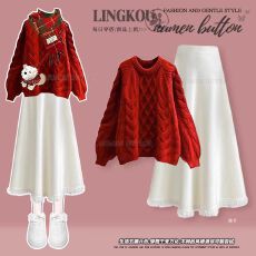 批发<b class='q'>大码</b>秋冬学院风套装女红色圣诞百搭针织毛衣气质显瘦半身裙两件套