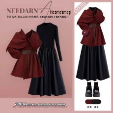 批发<b class='q'>大码</b>秋冬法式套装女绝美小众圣诞红色针织上衣搭显瘦连衣裙两件套