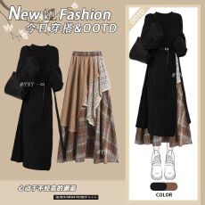 批发<b class='q'>大码</b>秋冬小香风套装女气质长款开叉针织毛衣设计感半身裙两件套