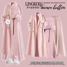 批发<b class='q'>大码</b>秋冬小香风套装女韩系外套开叉长款针织毛衣百搭休闲裤三件套