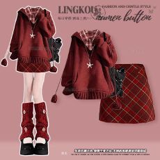 批发<b class='q'>大码</b>秋冬学院风套装女绝美新年战袍红色毛衣打底衫显瘦短裙三件套