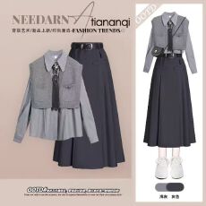 批发<b class='q'>秋装</b>搭配一整套女装2025新款polo领长袖衬衫马甲搭高腰遮肉半身裙