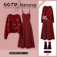 批发红色圣诞风车厘子毛衣女秋冬季短款针织衫法式复古吊带<b class='q'>连衣裙</b>套装