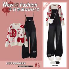 批发冬季穿搭高级感套装女气质温柔针织毛衣休闲显瘦慵懒<b class='q'>背带裤</b>两件套