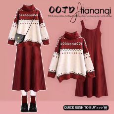 批发<b class='q'>大码</b>秋冬法式套装女红色圣诞针织毛衣搭配超好看吊带<b class='q'>连衣裙</b>两件套