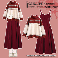 批发<b class='q'>大码</b>秋冬小香风套装裙女红色圣诞氛围感针织毛衣吊带<b class='q'>连衣裙</b>两件套