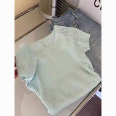 批发设计感小众镂空方领正肩T恤女夏季新款减龄百搭宽松显瘦针织上衣