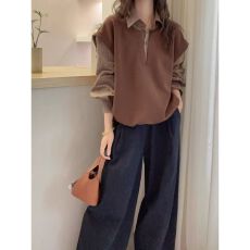 批发秋季<b class='q'>大码</b><b class='q'>女装</b>胖MM独特漂亮假两件拼接格子长袖衬衫女宽松慵懒上衣