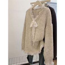 批发蕾丝蝴蝶结拼接宽松长袖毛衣慵懒风甜美针织衫上衣女2025<b class='q'>秋</b>冬新款