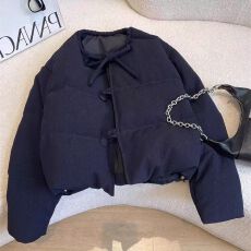 批发藏青色复古蝴蝶结系带圆领棉衣棉服女<b class='q'>秋</b>冬韩版简约小个子夹棉外套