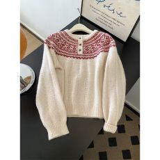 批发设计感米白色费尔岛圆领系扣毛衣女慵懒风小个子加厚可外穿针织衫
