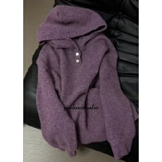 批发高端慵懒风紫色连帽针织衫女2025秋季新款爆款宽松显瘦高级感毛衣