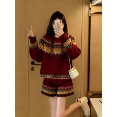 批发巨好看红色毛衣套装女2026新款小个子秋冬穿搭提花上衣裤子两件套