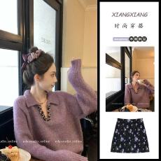 批发法式温柔风紫色V领编织亮片毛衣女秋冬宽松软糯别致洋气针织上衣