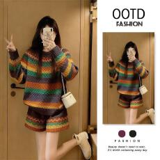 批发秋冬费尔岛穿搭一整套女2026新款彩色提花针织上衣显瘦短裤两件套