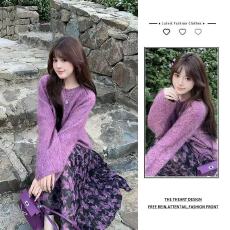 批发慵懒风紫色圆领针织衫女秋季软糯套头马海毛毛衣高级感气质小上衣