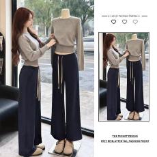 批发小个子洋气减龄长袖短款针织上衣搭配休闲裤巨好看的秋装一整套装