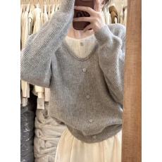 批发韩系假两件针织衫女2026秋冬新款撞色V领毛衣设计感学生长袖上衣