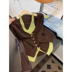 批发撞色假两件长袖针织开衫女巨好看的早秋季韩系氛围感穿搭单穿上衣