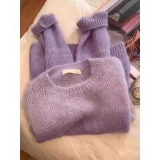 批发温柔风渐变紫色马海毛圆领针织衫女春秋慵懒风软糯毛衣奶fufu上衣