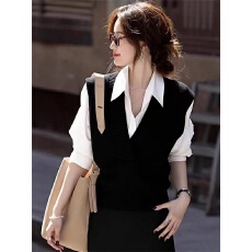 批发2026<b class='q'>秋</b>冬季韩版气质假两件V领针织马甲拼接衬衫休闲百搭显瘦上衣