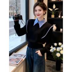 批发独特别致假两件黑色卫衣女2026冬季气质名媛高端时髦洋气掐腰上衣