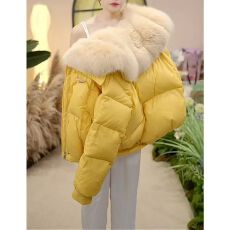 批发韩版设计感黄色短款保暖大翻领面包服女冬季新款宽松加厚棉服外套