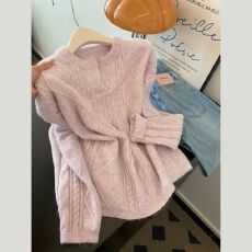 批发韩系温柔风粉色v领套头针织衫女秋冬新款宽松毛衣慵懒高级感上衣