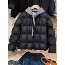 批发大码韩版假两件针织连帽棉服女冬季设计感新款宽松保暖加厚外套潮