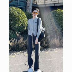 批发大码女秋装职业套装<b class='q'>轻熟</b>风胖mm显瘦遮肉灰色针织毛衣阔腿裤两件套