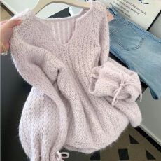 批发小个子韩版软糯蕾丝镂空针织毛衣女秋冬设计感慵懒风宽松长袖上衣