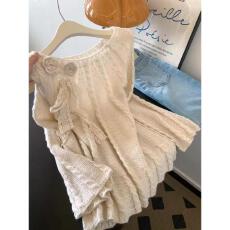 批发蕾丝蝴蝶结绑带圆领长袖套头毛衣女设计感小众针织衫气质温柔上衣