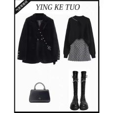 批发秋冬一整套穿搭高级感西装外套圆领针织毛衣<b class='q'>棋盘</b><b class='q'>格</b>纹短裙三件套