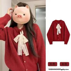 批发冬季圣诞穿搭慵懒风可外穿百搭红色毛衣蕾丝蝴蝶结系带针织衫上衣