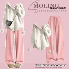 批发减龄休闲<b class='q'>甜美</b>风针织衫粉色休闲裤套装女冬季新款温柔风日常穿搭潮