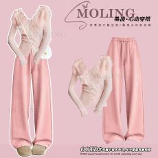 批发韩系粉色<b class='q'>甜美</b>风V领花朵设计感上衣粉色休闲裤套装女冬季新款穿搭