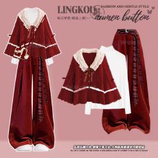 批发<b class='q'>大码</b>秋冬圣诞氛围感套装女气质法式红色针织斗篷内搭休闲裤三件套