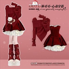 批发圣诞时尚洋气红色针织毛衣套装女秋冬本命新年穿搭连衣短裙两件套