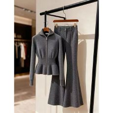 批发小个子秋冬韩系套装女撞色轻熟风御姐显瘦潮针织开衫微喇裤两件套