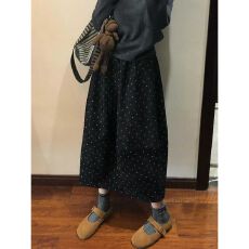 批发法式复古毛呢拼接波点半身裙女秋冬新款高腰遮胯时尚a字中长伞裙