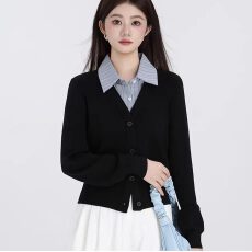 批发韩版假两件针织开衫女2025秋季新款设计感条纹衬衫拼接短款上衣