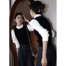 批发小个子法式气质黑色假两件针织衫女秋冬新款小众不撞款超好看上衣