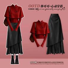 批发巨好看的红色针织衫穿搭一整套女搭配设计感小众黑色半身裙三件套