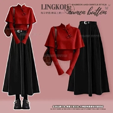 批发<b class='q'>大码</b>秋冬设计感套装女红色圣诞针织毛衣披肩高腰显瘦半身裙三件套