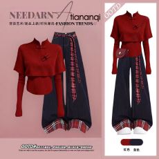 批发<b class='q'>大码</b>秋冬绝美套装女圣诞红色立领盘扣针织上衣搭复古牛仔裤三件套