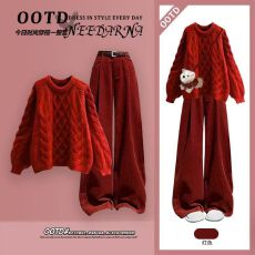 批发<b class='q'>大码</b>秋冬气质套装女轻熟风温柔针织毛衣红色宽松显瘦休闲裤两件套