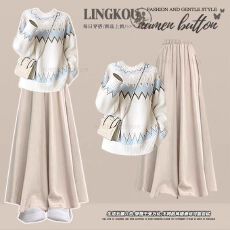 批发<b class='q'>大码</b>秋季休闲套装女慵懒风洋气针织上衣搭遮肉宽松休闲裙裤两件套