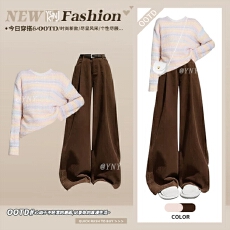 批发<b class='q'>甜美</b>温柔风针织衫女秋冬软糯奶fufu渐变彩虹条纹毛衣阔腿裤两件套