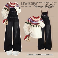 批发<b class='q'>大码</b>秋季学院风套装女减龄气质小众针织毛衣显瘦牛仔背带裤两件套