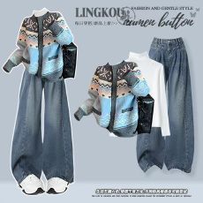 批发<b class='q'>大码</b>秋季洋气套装女复古设计感针织开衫打底内搭显瘦牛仔裤三件套